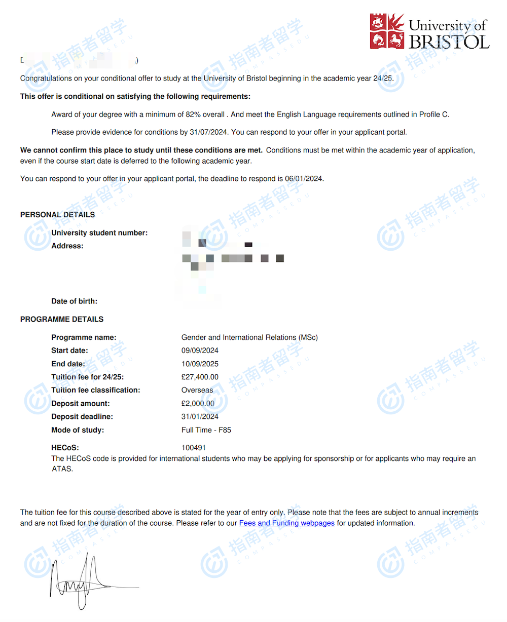 布里斯托大学性别与国际关系理学硕士研究生offer一枚