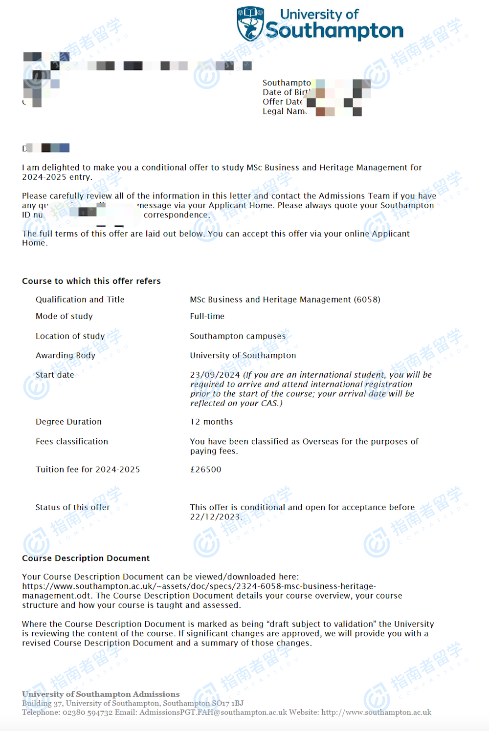 南安普顿大学商业与遗产管理理学硕士研究生offer一枚