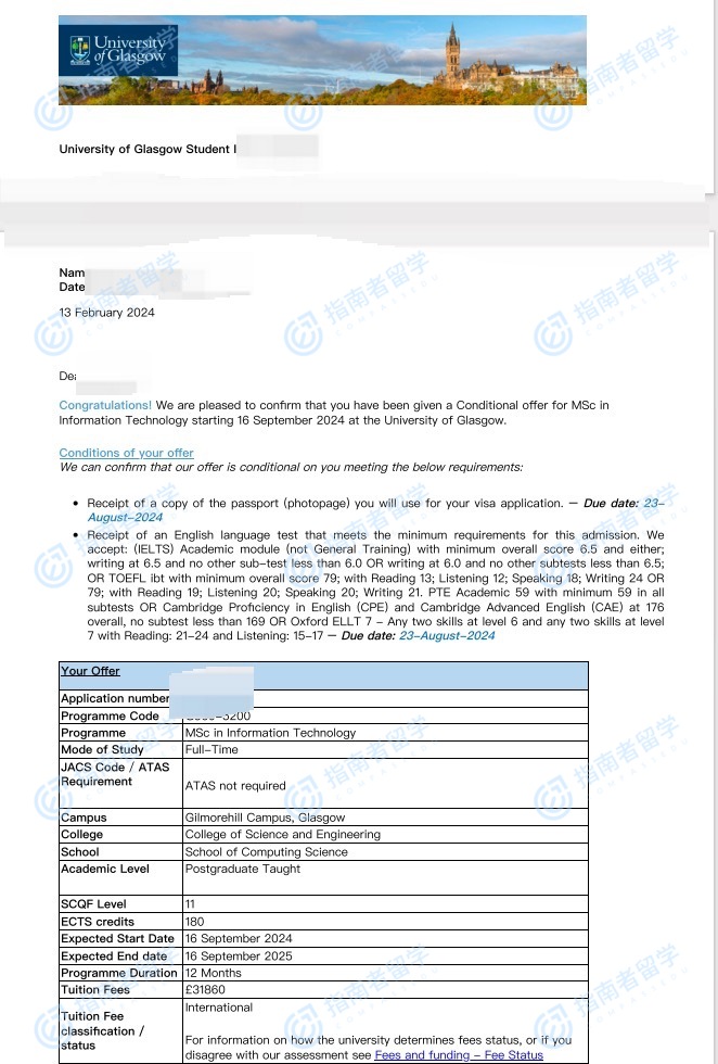 格拉斯哥大学信息技术理学硕士研究生offer一枚