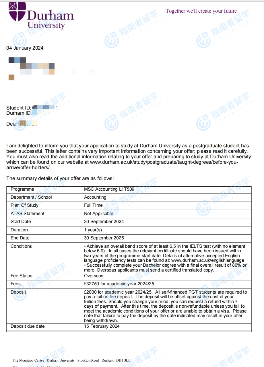 杜伦大学会计学理学硕士研究生offer一枚