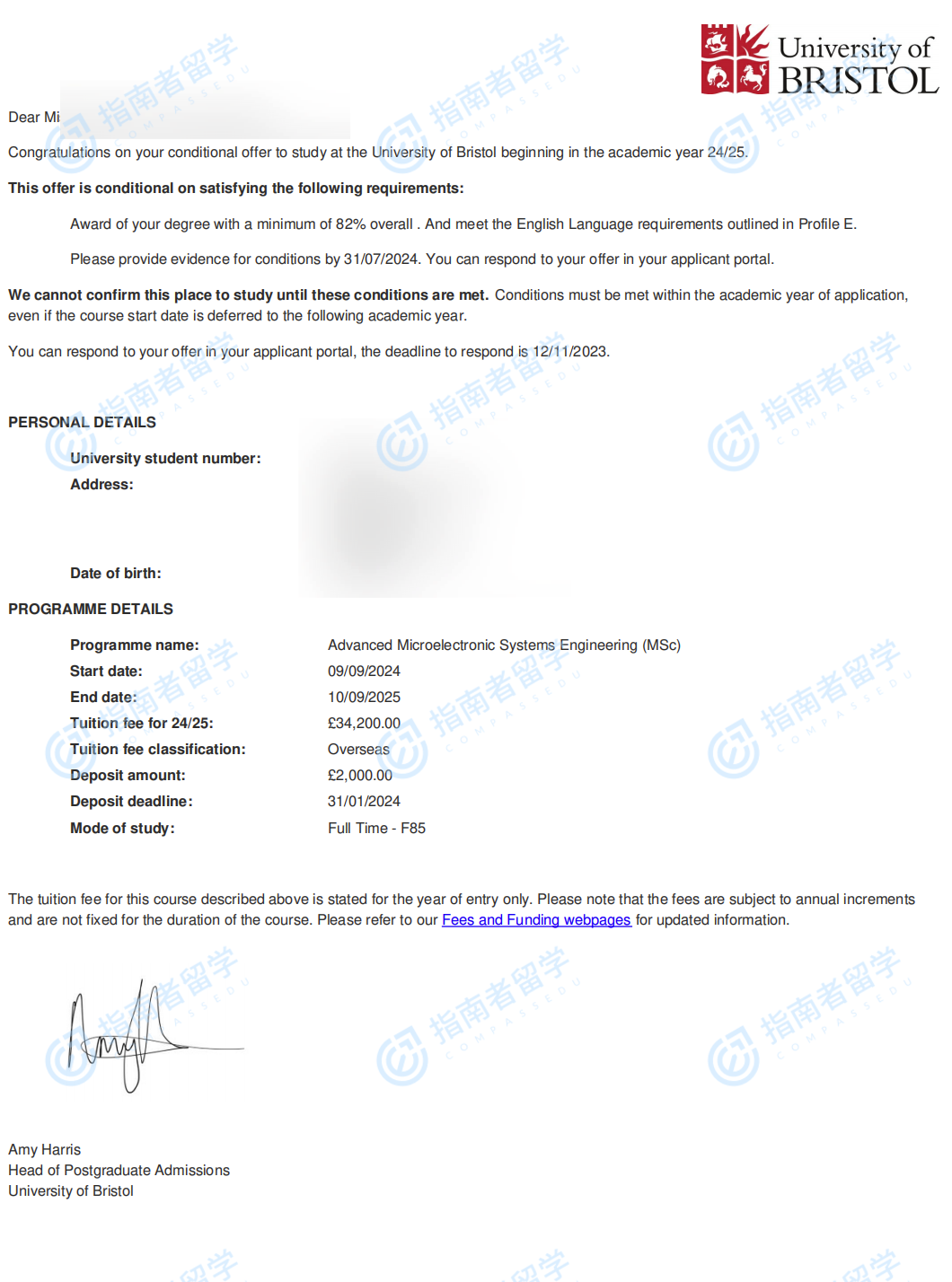 布里斯托大学高级微电子系统工程理学硕士研究生offer一枚