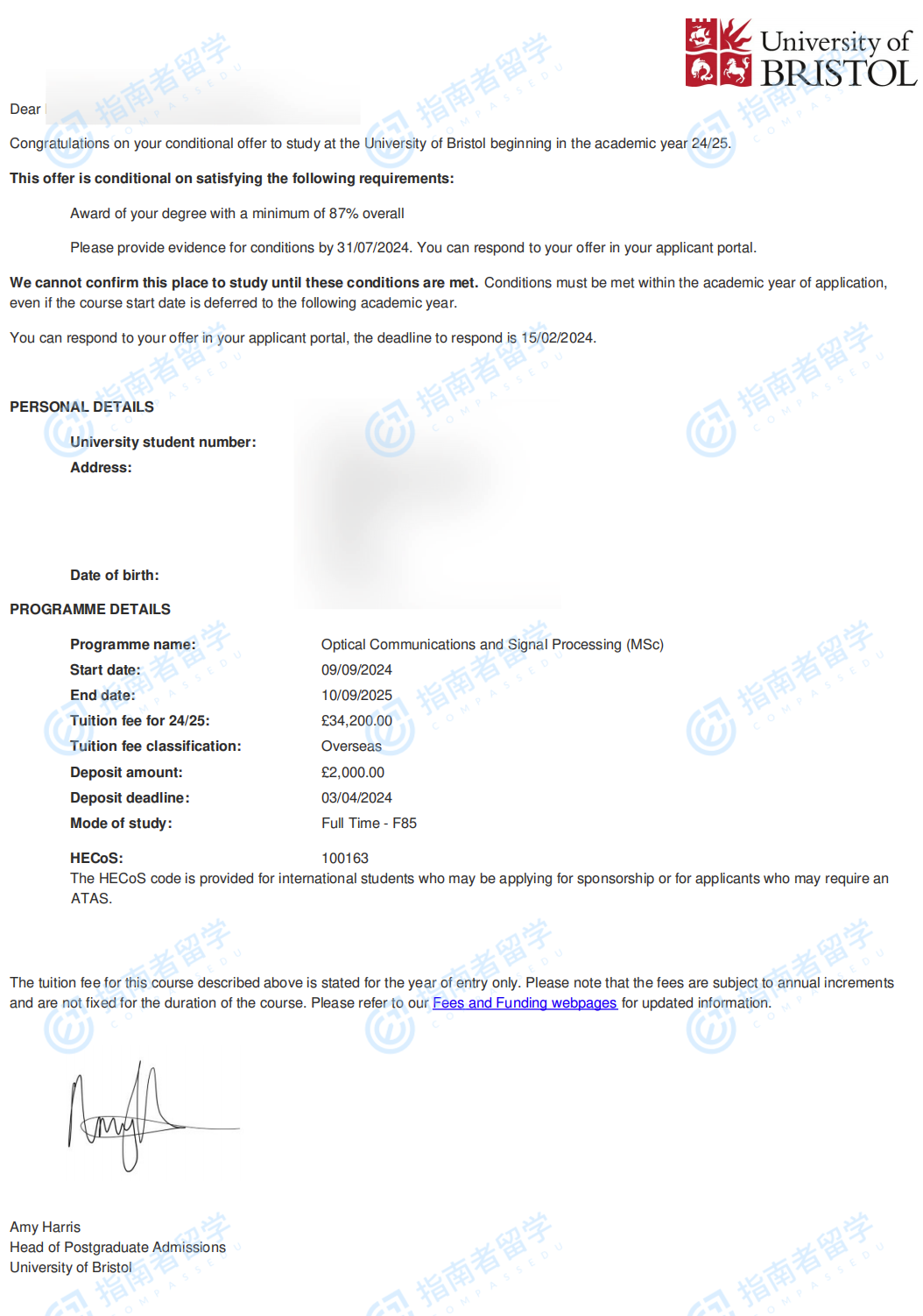 布里斯托大学光学通信与信号处理理学硕士研究生offer一枚