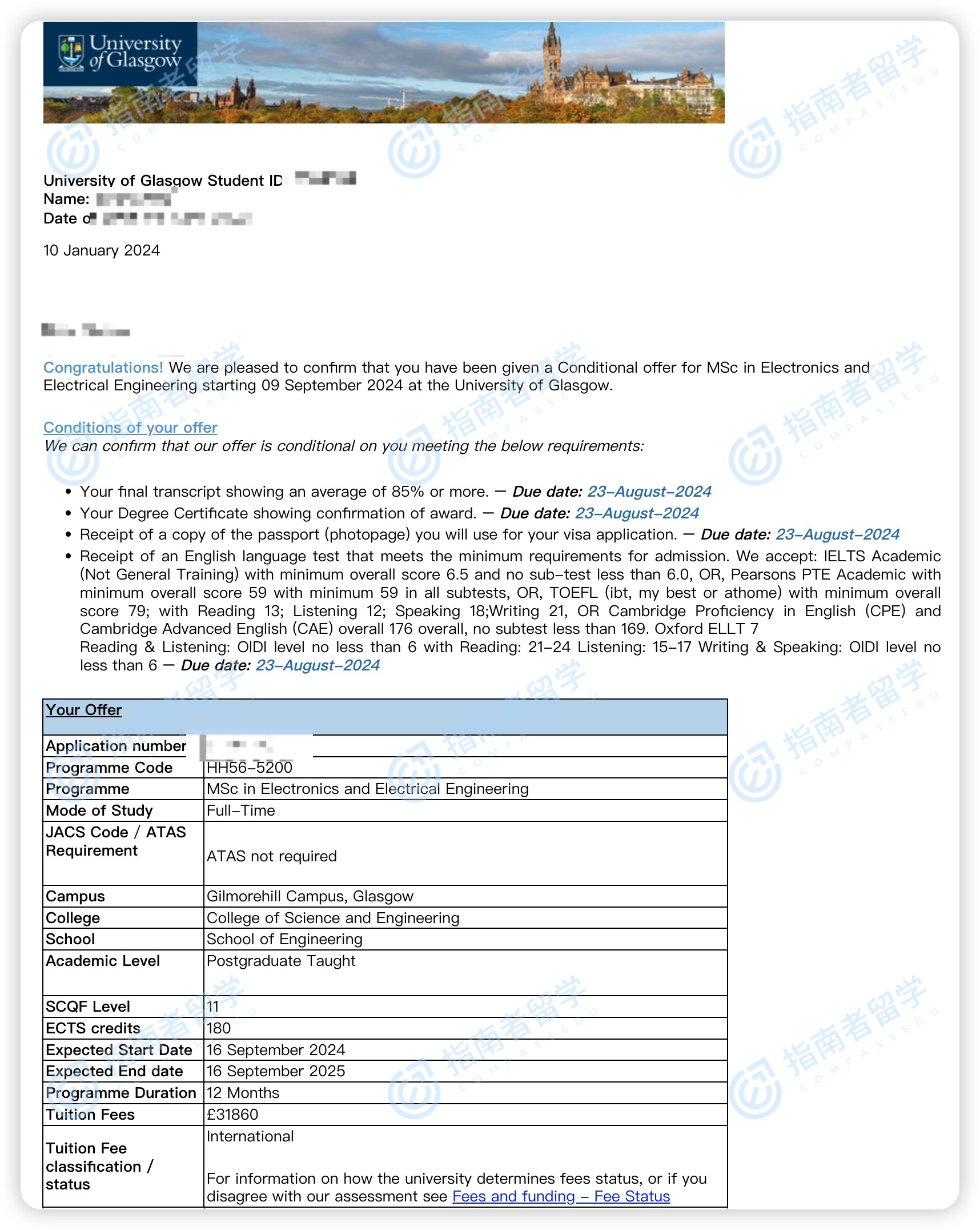 格拉斯哥大学电子与电气工程理学硕士研究生offer一枚