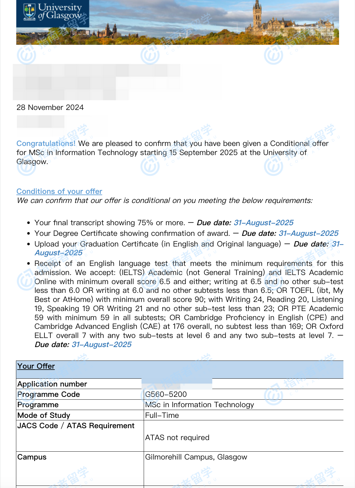 格拉斯哥大学信息技术理学硕士研究生offer一枚