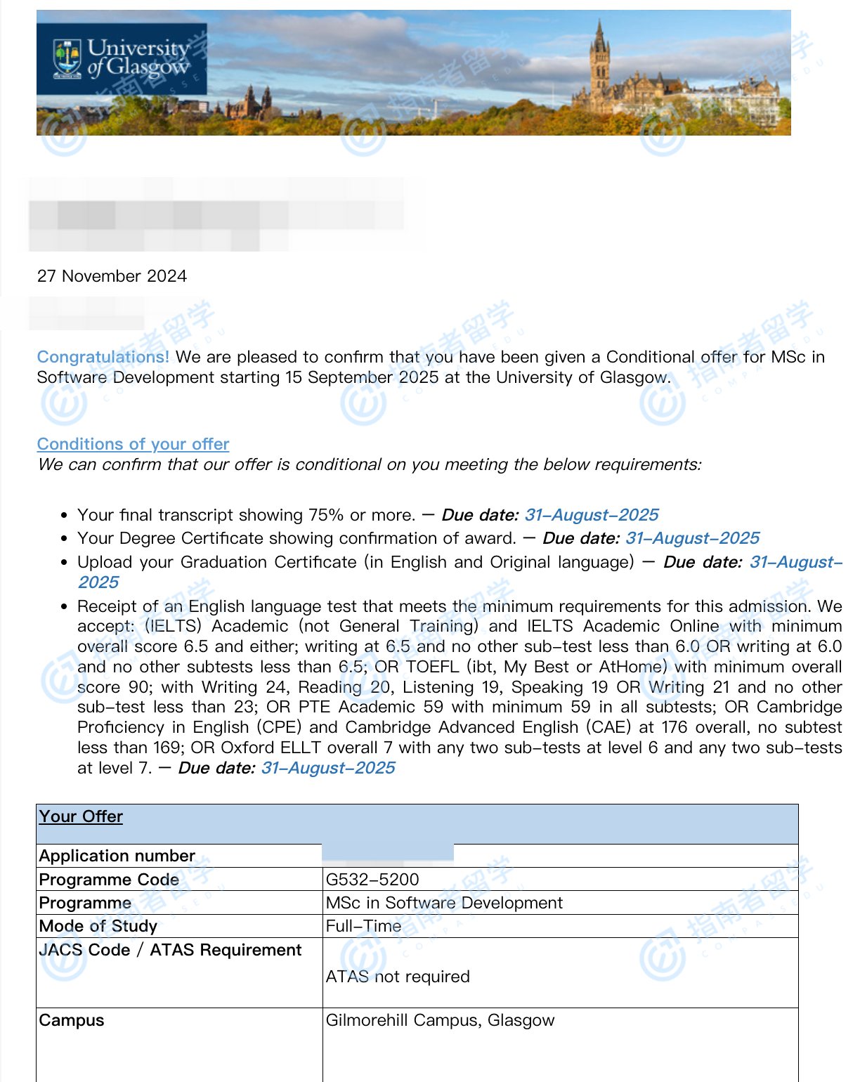 格拉斯哥大学软件开发理学硕士研究生offer一枚