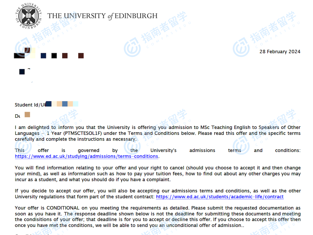 爱丁堡大学对外英语教学理学硕士研究生offer一枚