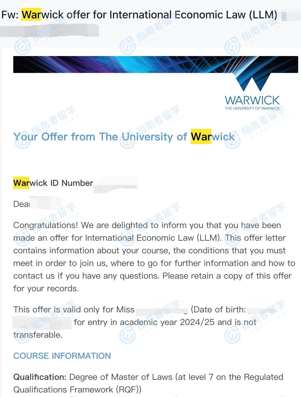 华威大学国际经济法法学硕士研究生offer一枚