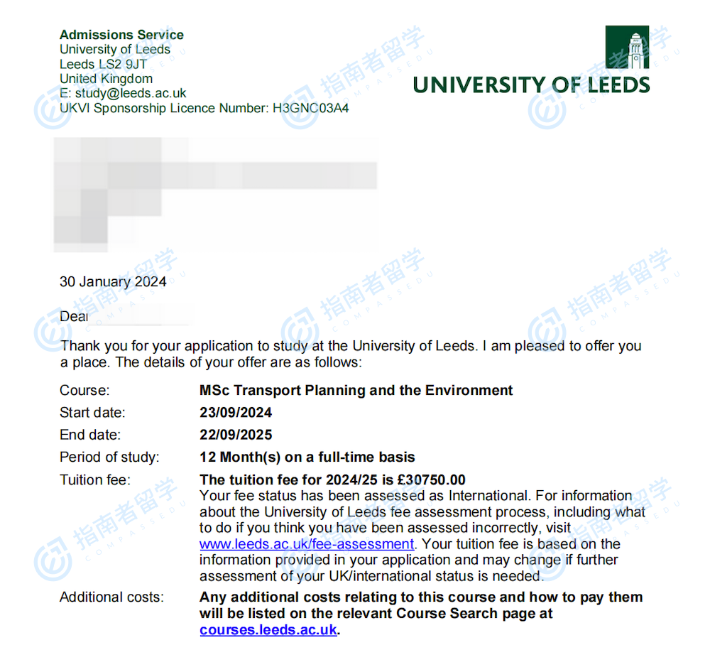 利兹大学运输规划与环境理学硕士研究生offer一枚