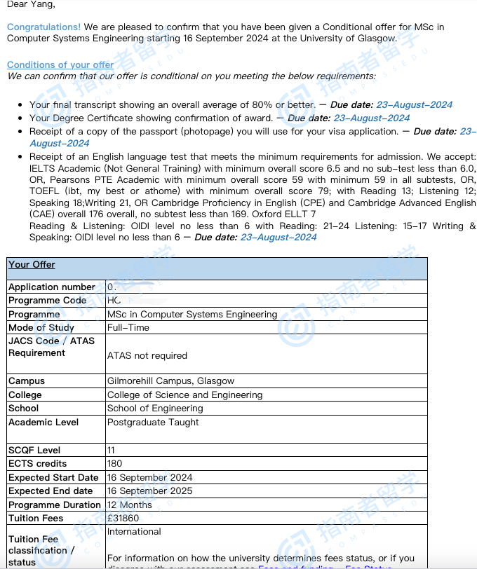 格拉斯哥大学计算机系统工程理学硕士研究生offer一枚