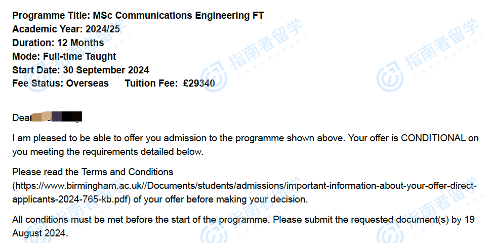 伯明翰大学通信工程理学硕士研究生offer一枚