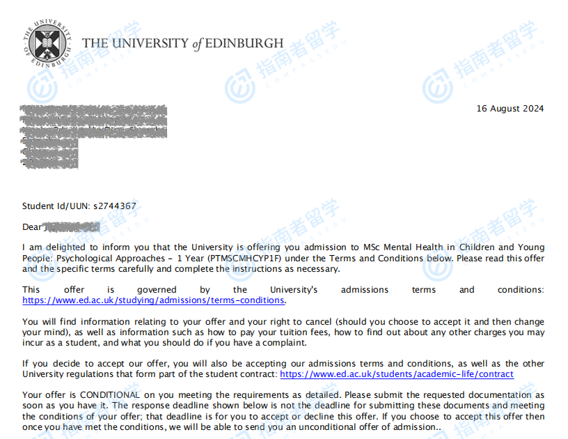 爱丁堡大学儿童与青少年心理健康：心理学方法理学硕士研究生offer一枚