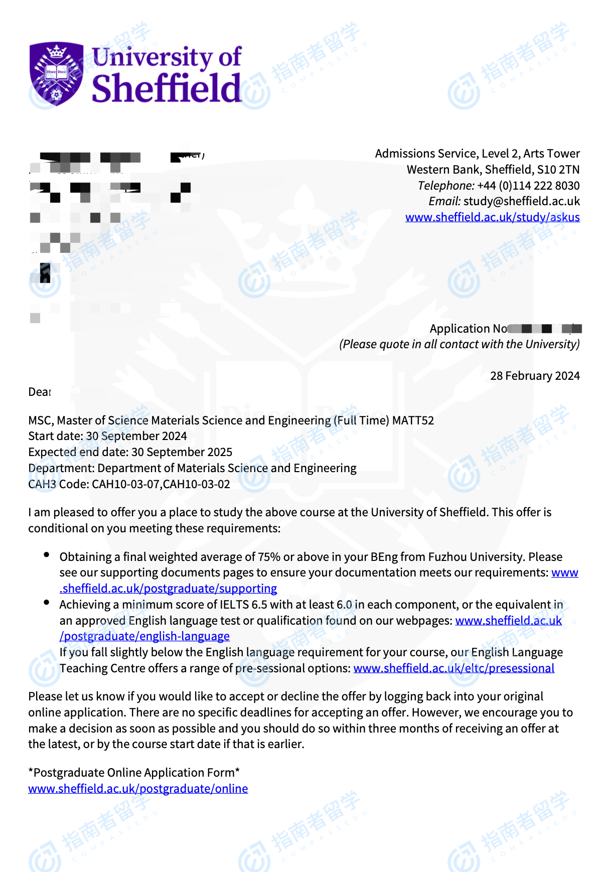 谢菲尔德大学材料科学与工程理学硕士研究生offer一枚