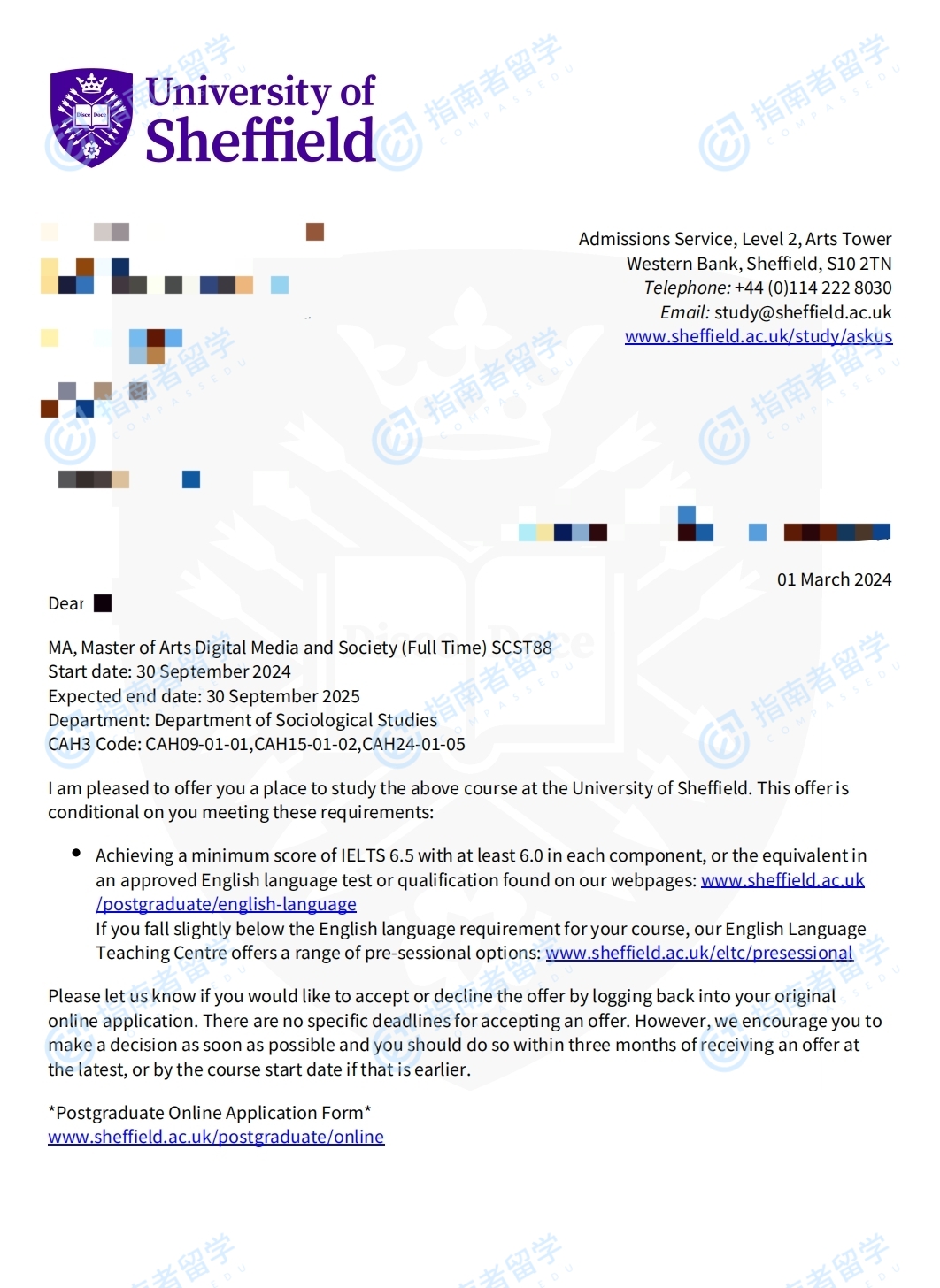 谢菲尔德大学数字媒体与社会文学硕士研究生offer一枚