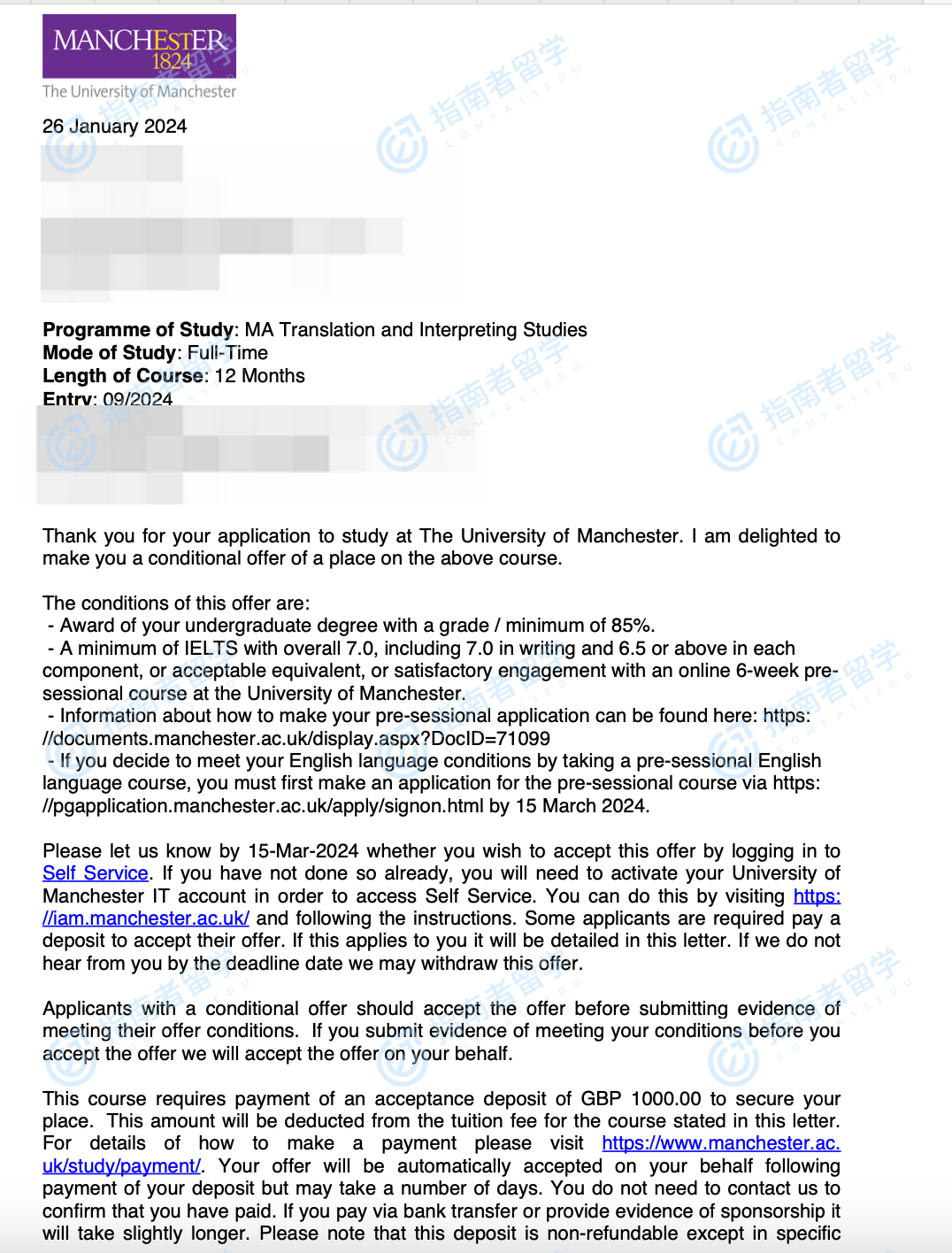 曼彻斯特大学笔译与口译研究文学硕士研究生offer一枚