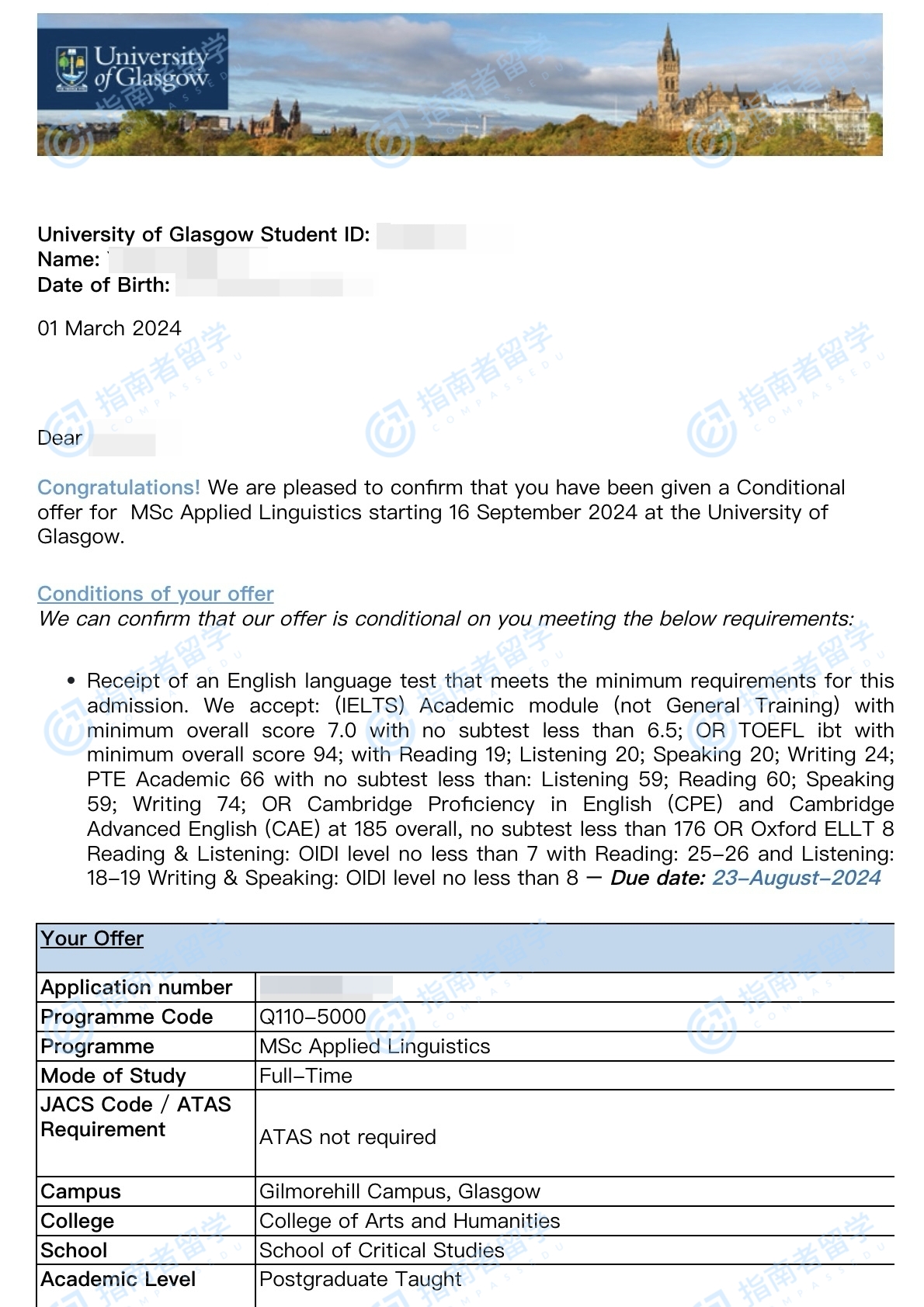 格拉斯哥大学应用语言学理学硕士研究生offer一枚