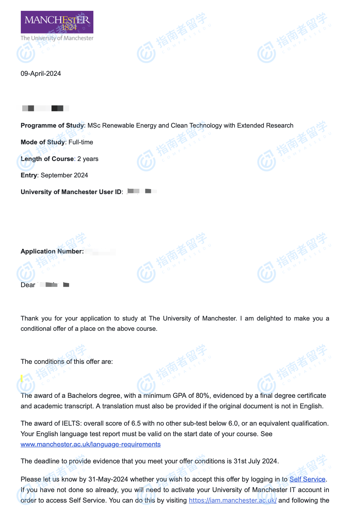 曼彻斯特大学可再生能源与清洁技术理学硕士（含扩展研究）研究生offer一枚