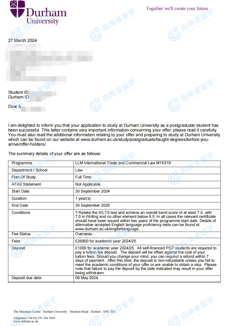 杜伦大学国际贸易与商法法学硕士研究生offer一枚