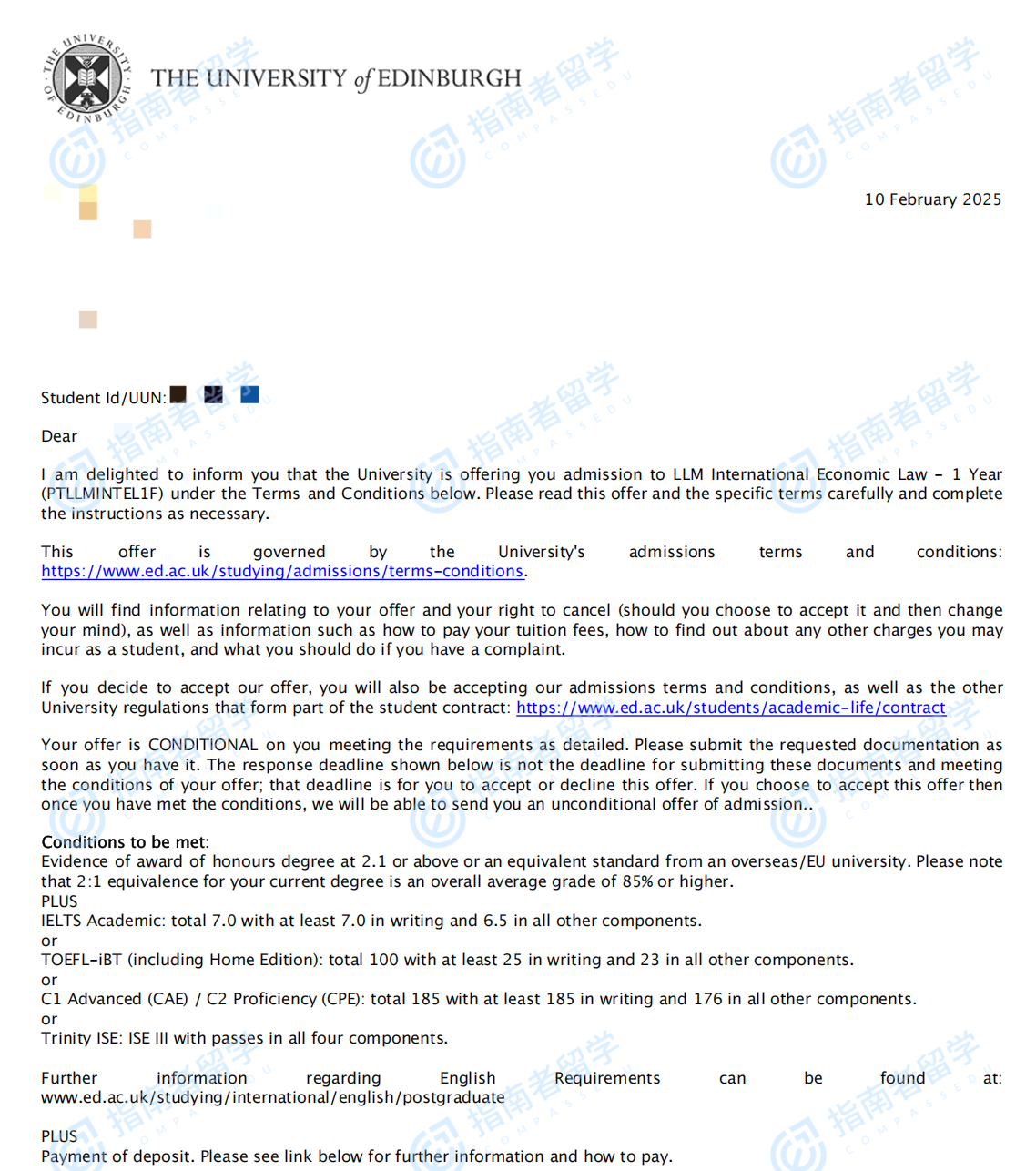 爱丁堡大学国际经济法法学硕士研究生offer一枚