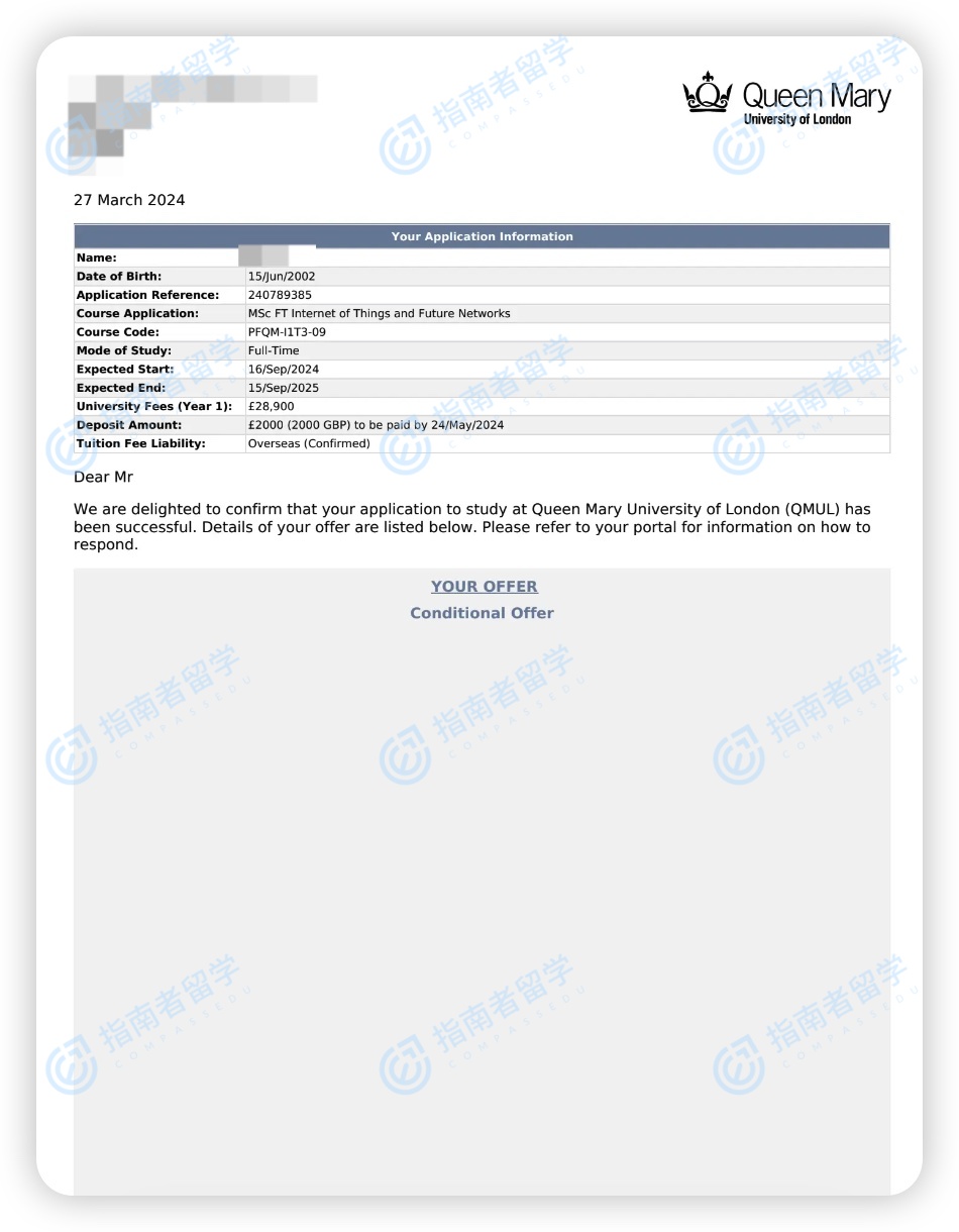 伦敦大学玛丽皇后学院物联网与未来网络理学硕士研究生offer一枚