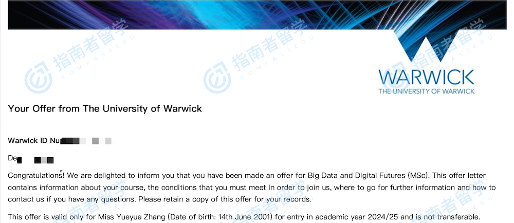 华威大学大数据与数字未来理学硕士研究生offer一枚