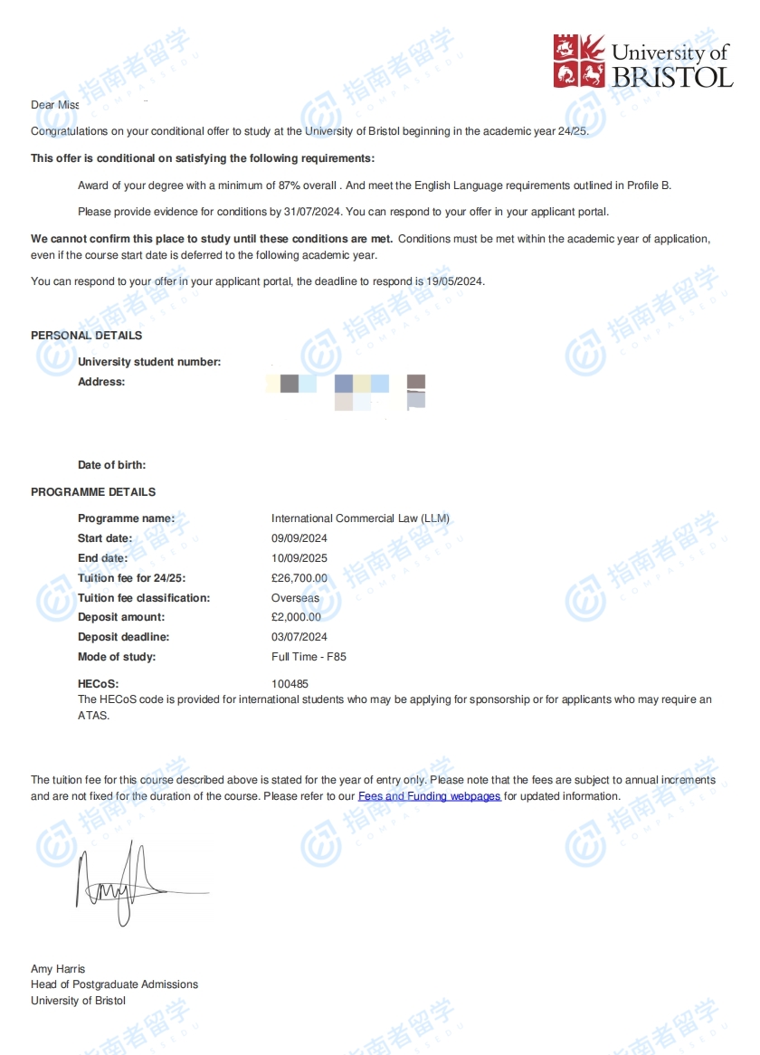 布里斯托大学国际商法法学硕士研究生offer一枚