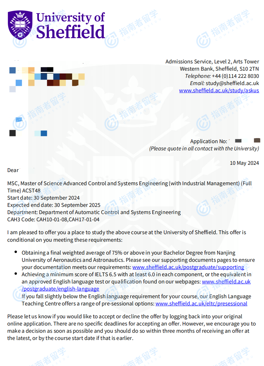 谢菲尔德大学高级控制与系统工程理学硕士（含工业管理）研究生offer一枚