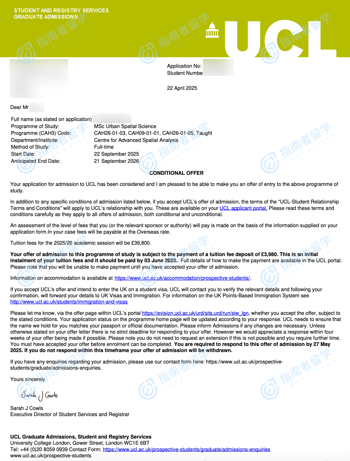 伦敦大学学院城市空间科学理学硕士研究生offer一枚