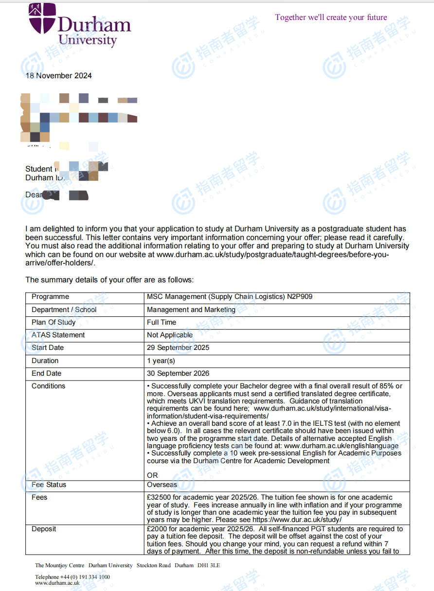 杜伦大学管理学（供应链物流）理学硕士研究生offer一枚