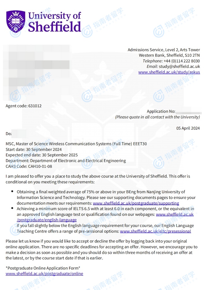 谢菲尔德大学无线通信系统理学硕士研究生offer一枚