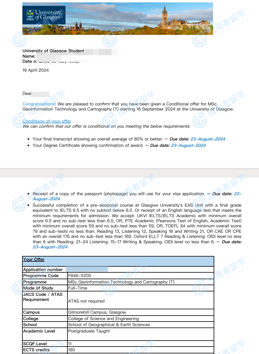 格拉斯哥大学地理信息技术与制图学理学硕士研究生offer一枚