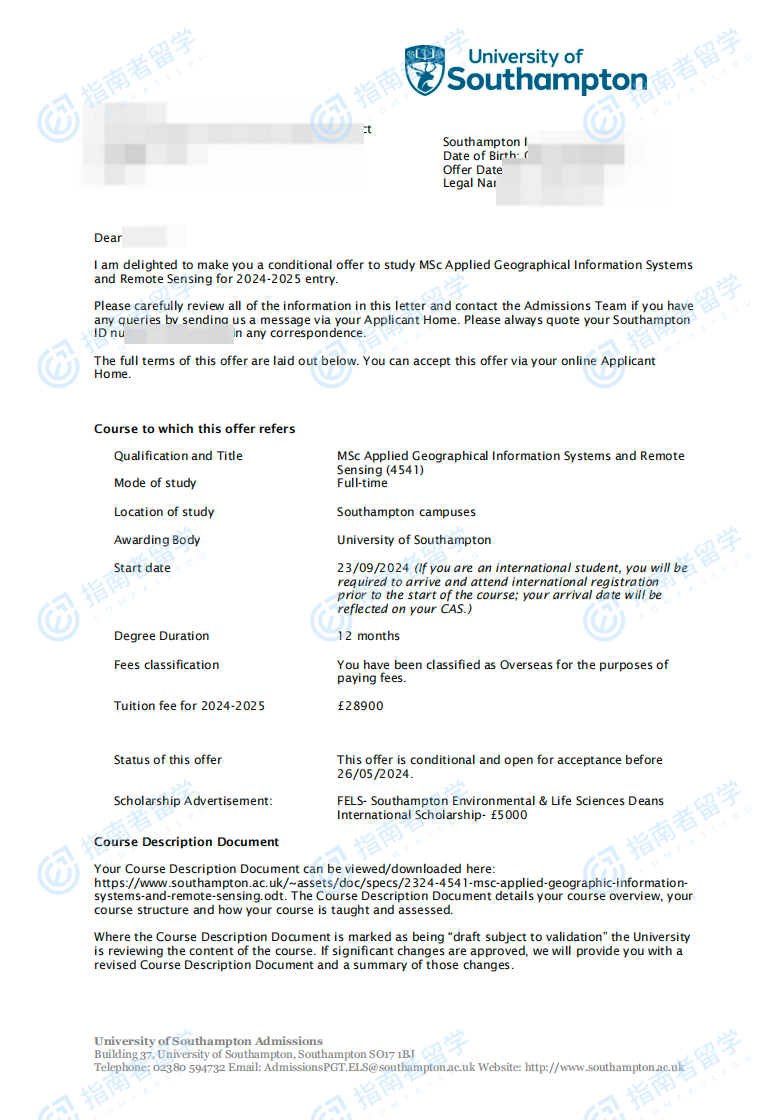 南安普顿大学应用地理信息系统与遥感理学硕士研究生offer一枚