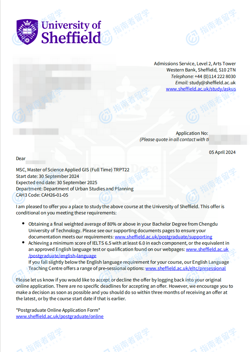 谢菲尔德大学应用地理信息系统理学硕士研究生offer一枚