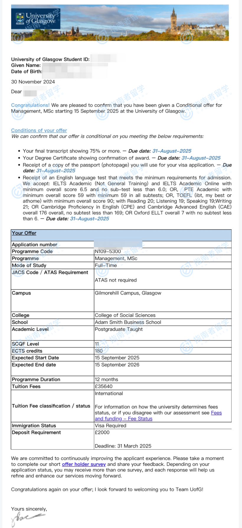 格拉斯哥大学管理学理学硕士研究生offer一枚