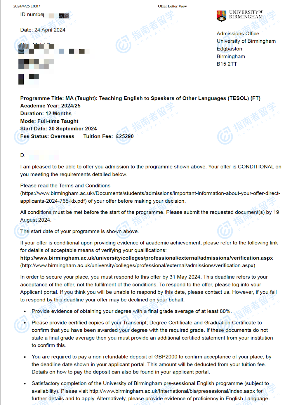 伯明翰大学对外英语教学文学硕士研究生offer一枚