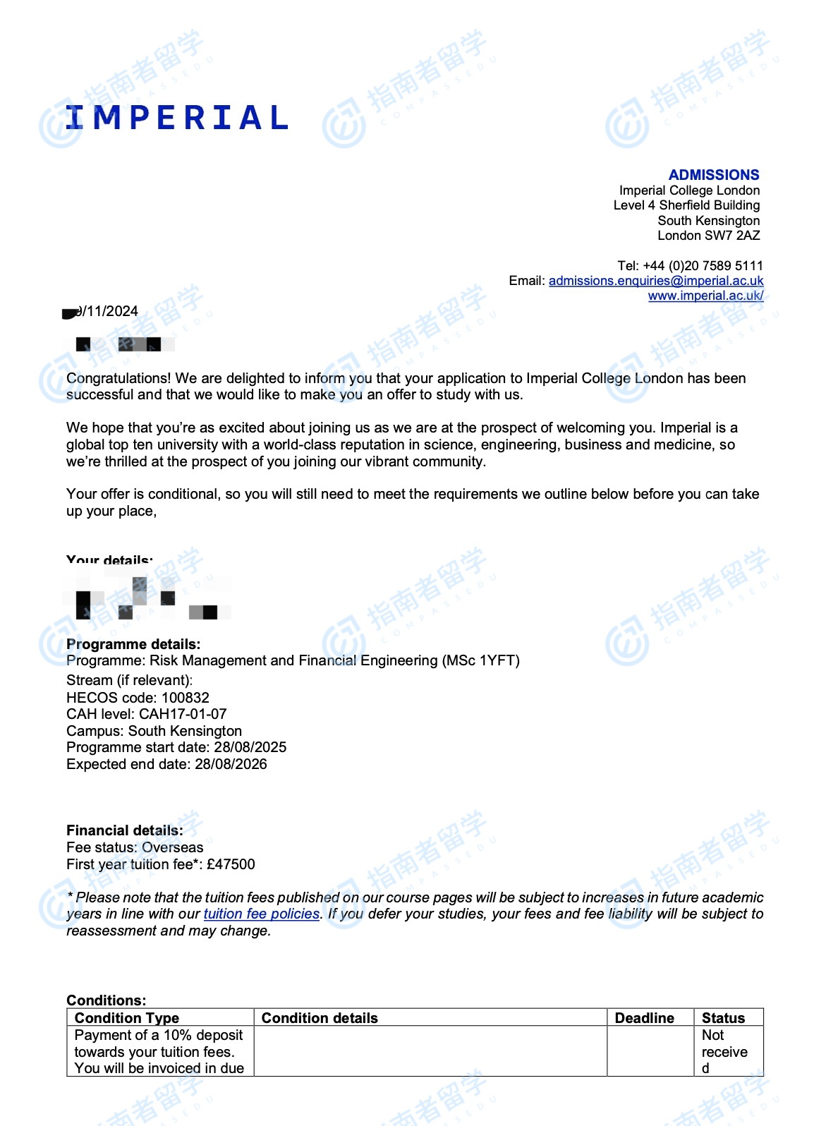 帝国理工学院风险管理与金融工程理学硕士研究生offer一枚