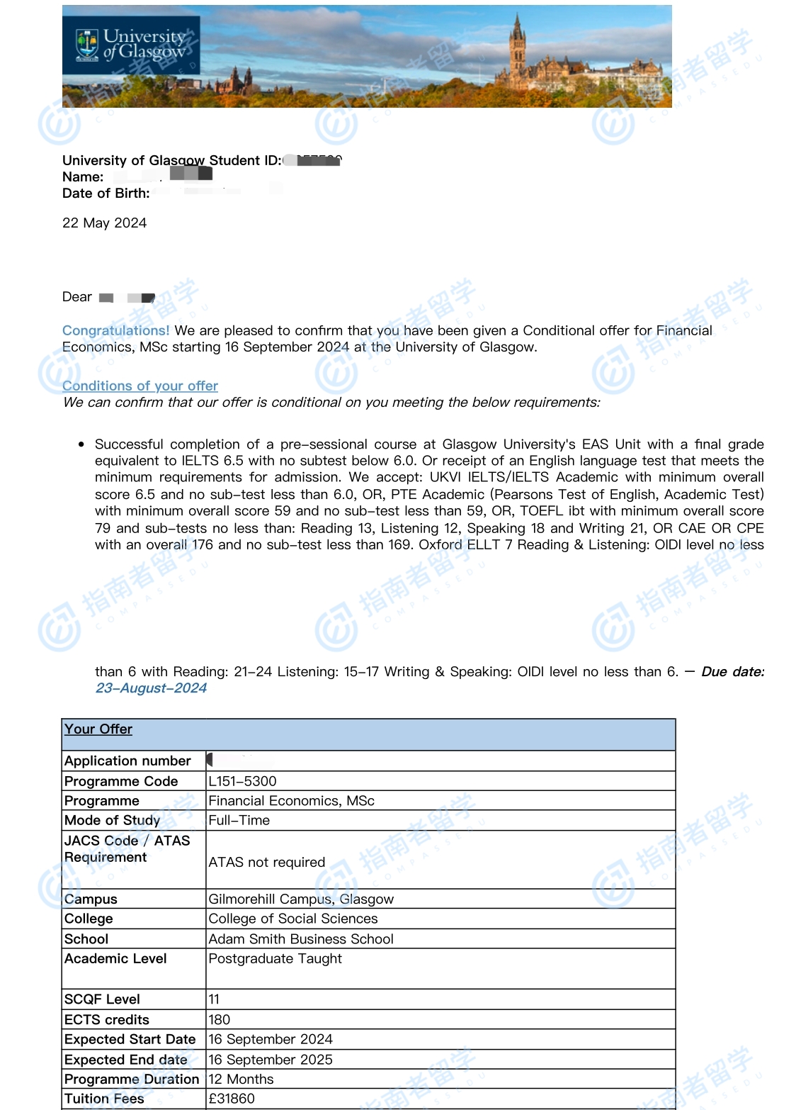 格拉斯哥大学金融经济学理学硕士研究生offer一枚