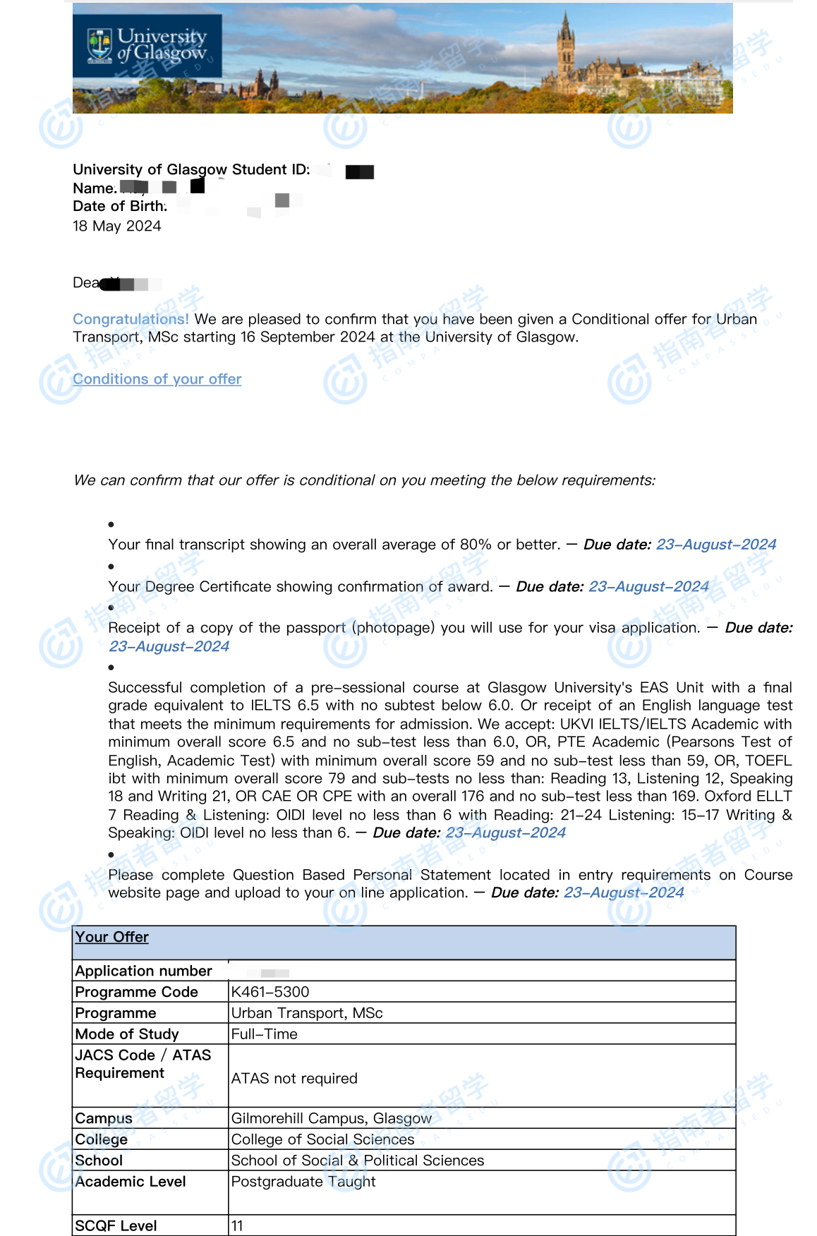 格拉斯哥大学城市交通理学硕士研究生offer一枚