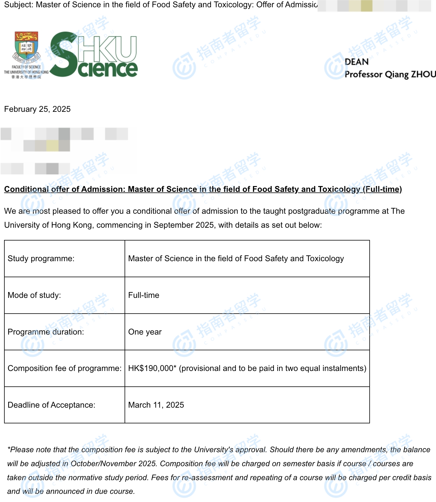 食品安全与毒理学理学硕士offer