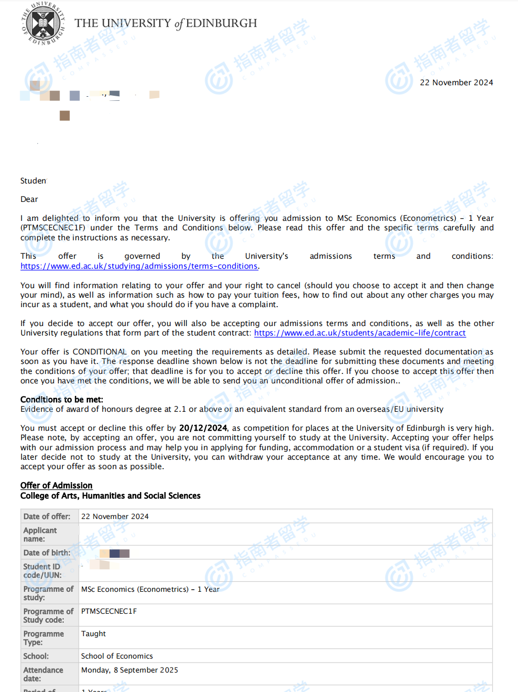 爱丁堡大学经济学（计量经济学）理学硕士研究生offer一枚