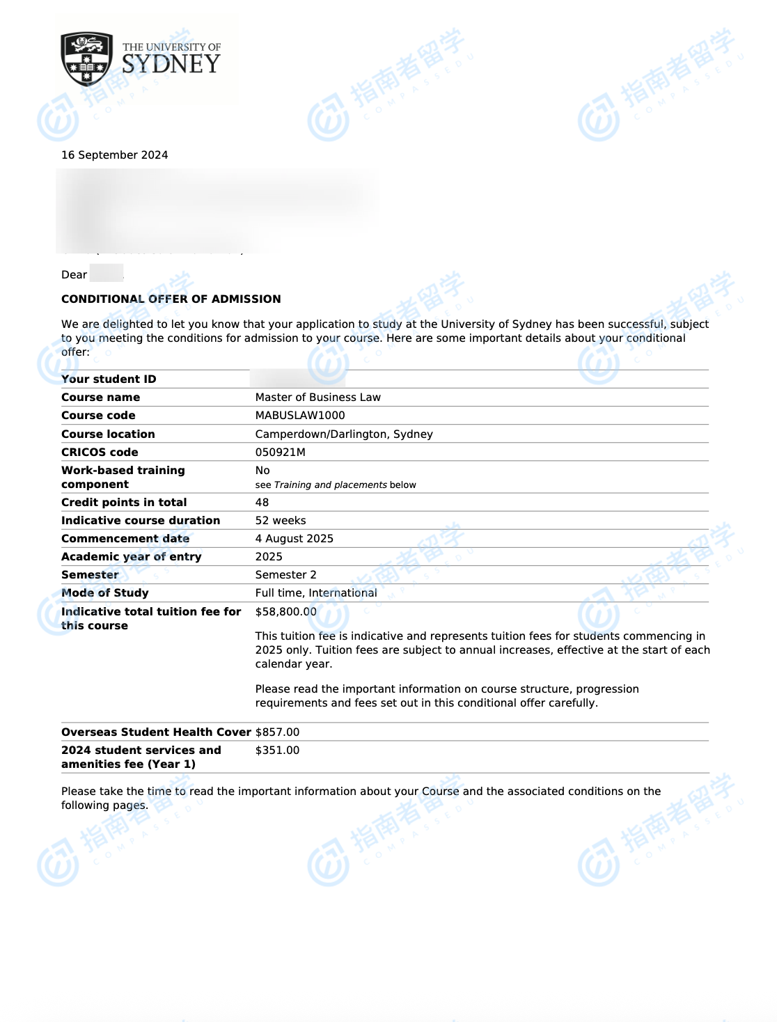 悉尼大学商业法硕士研究生offer一枚