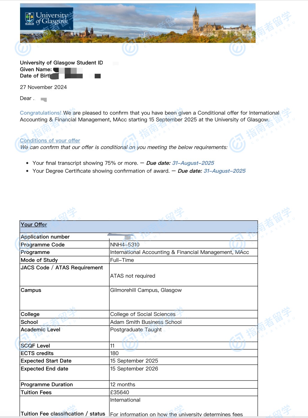 格拉斯哥大学国际会计与财务管理会计学硕士研究生offer一枚