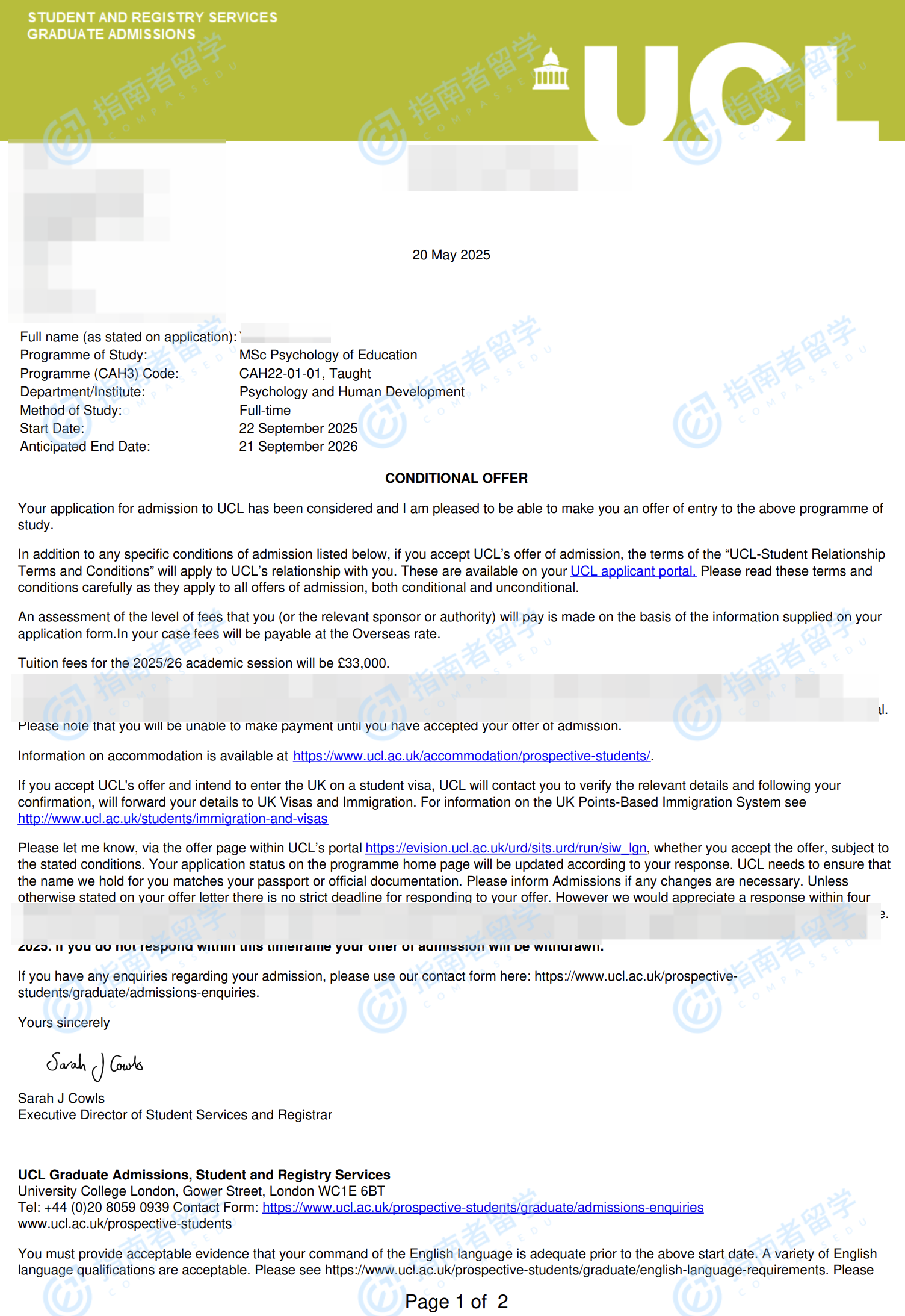伦敦大学学院教育心理学理学硕士研究生offer一枚