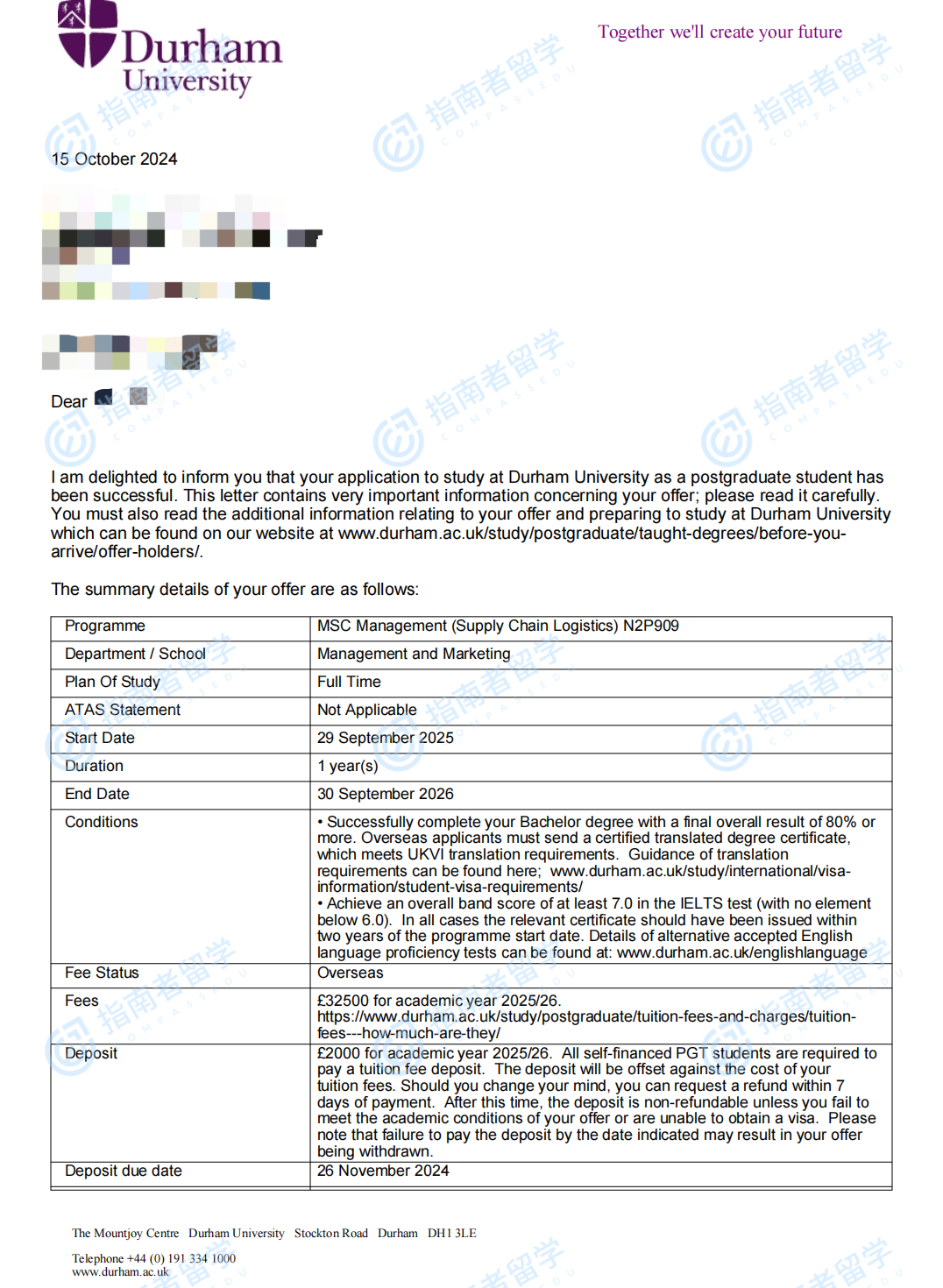 杜伦大学管理学（供应链物流）理学硕士研究生offer一枚