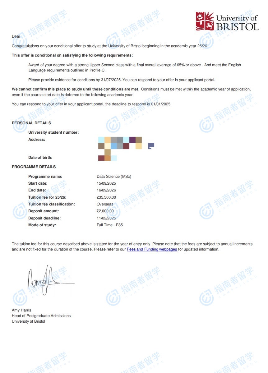 布里斯托大学数据科学理学硕士研究生offer一枚