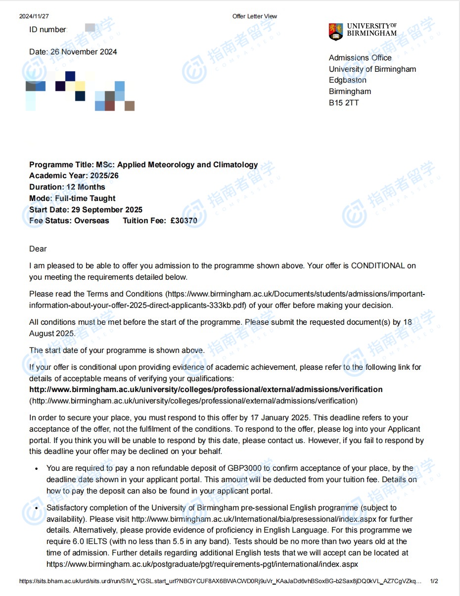 伯明翰大学应用气象学与气候学理学硕士研究生offer一枚