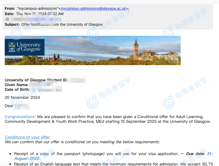 格拉斯哥大学成人学习、社区发展与青年工作实践教育学硕士研究生offer一枚