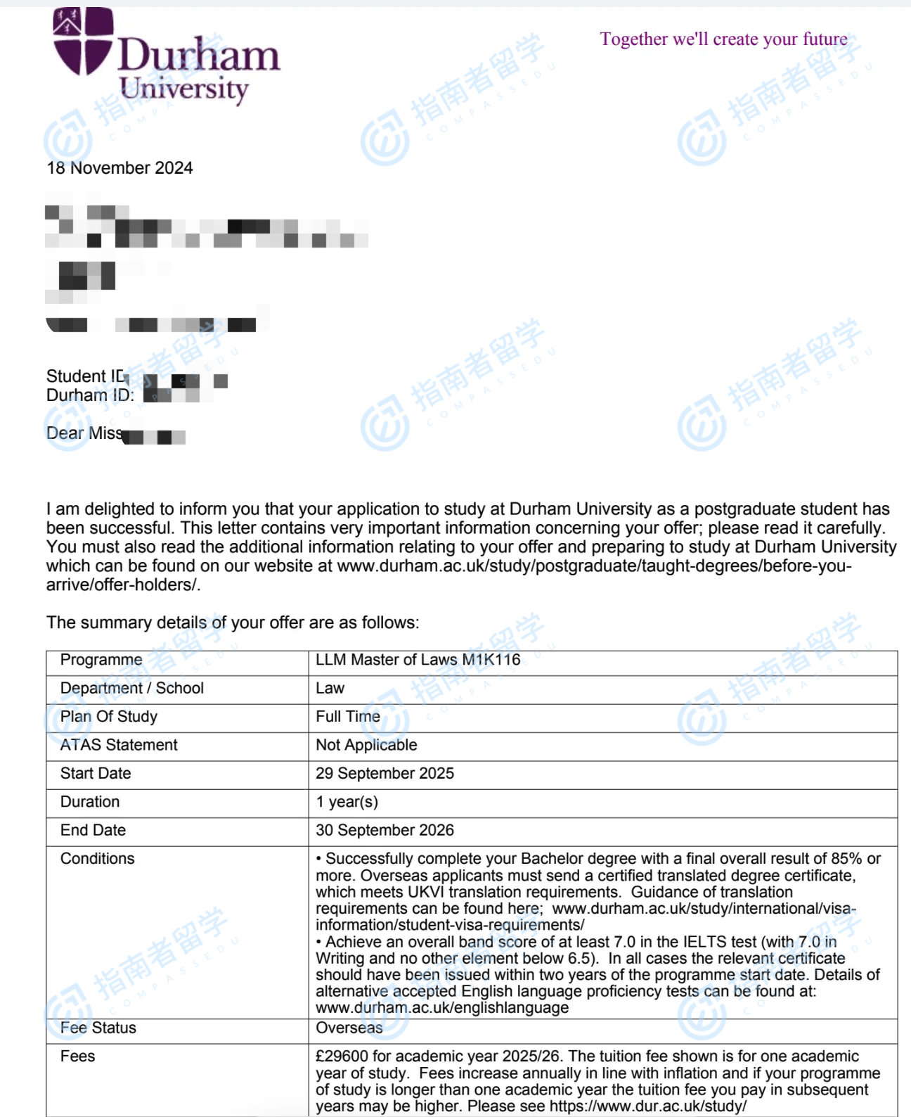 杜伦大学法学硕士研究生offer一枚