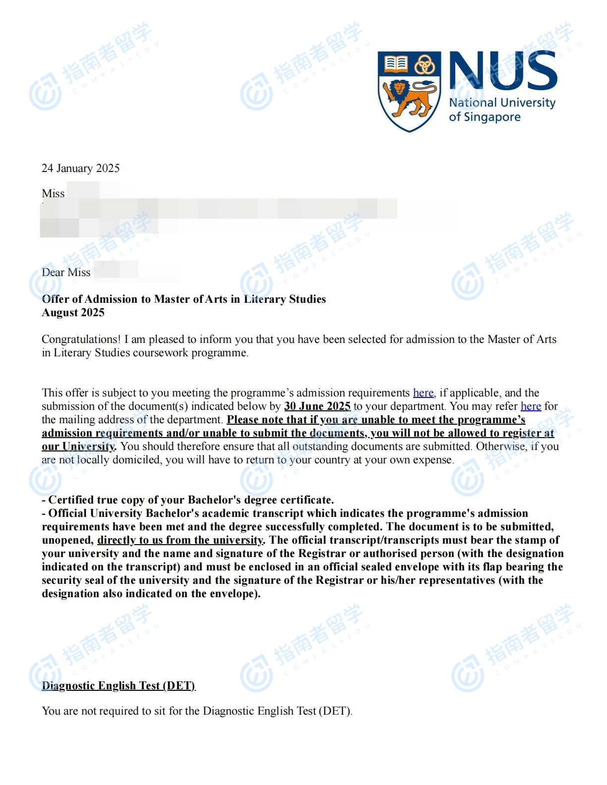 新加坡国立大学文学研究文学硕士研究生offer一枚