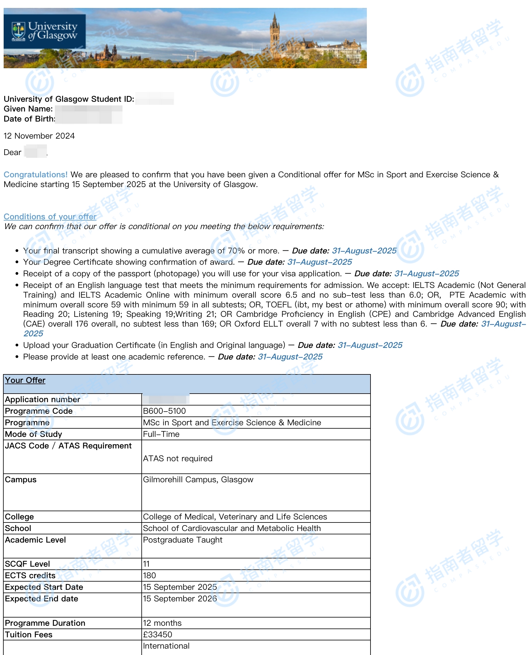 格拉斯哥大学体育与运动科学和医学理学硕士研究生offer一枚