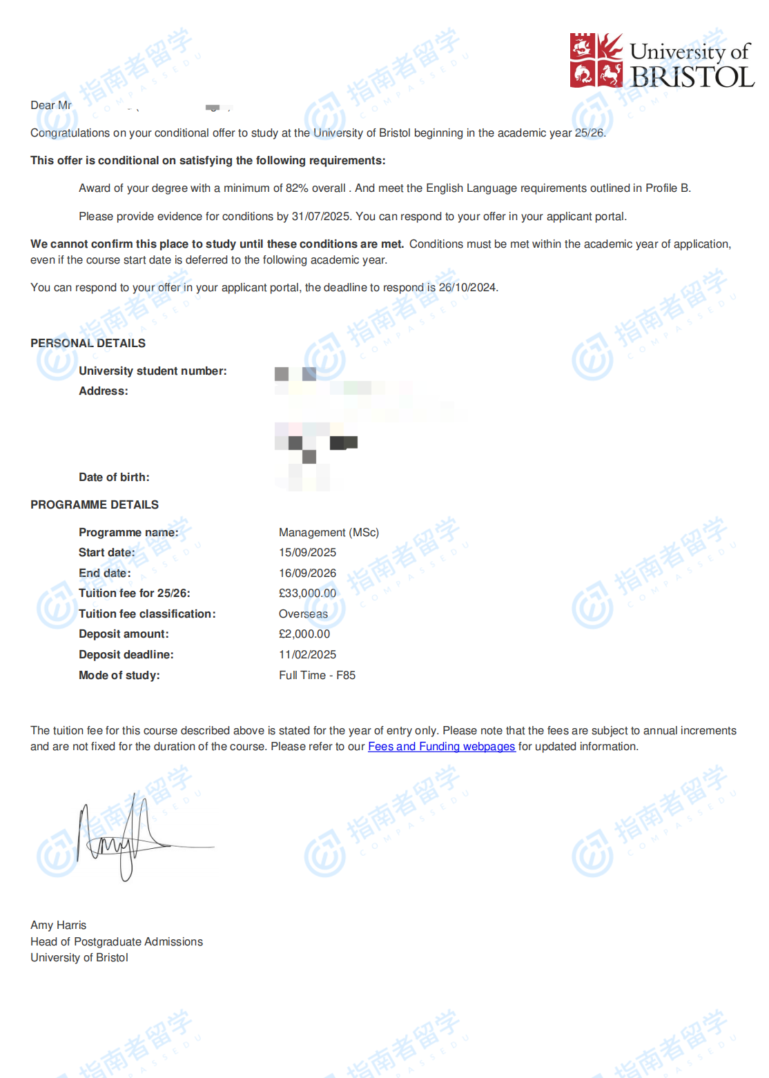 布里斯托大学管理学理学硕士研究生offer一枚